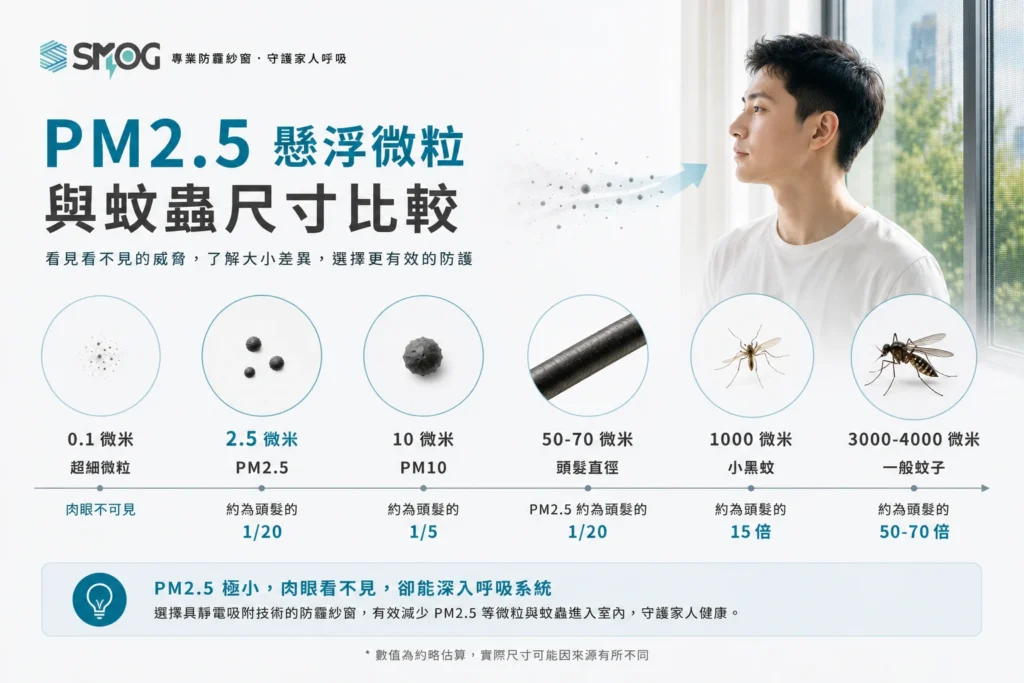 PM2.5 懸浮微粒與蚊蟲尺寸比較