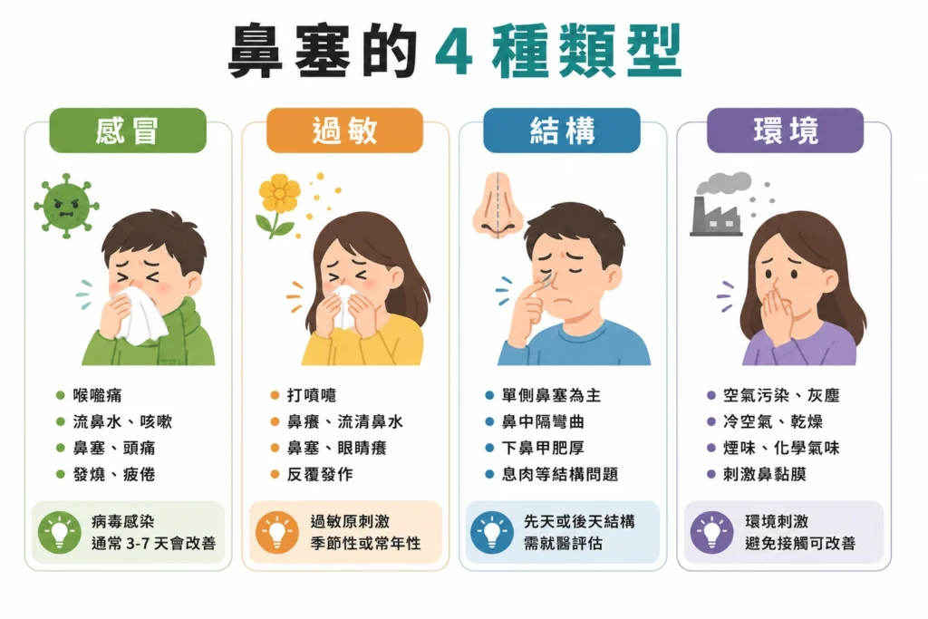 鼻塞的 4 種類型 感冒 過敏 結構 環境
