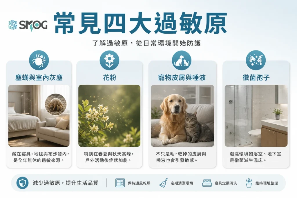 常見四大過敏原:塵蟎、花粉、寵物皮屑、黴菌