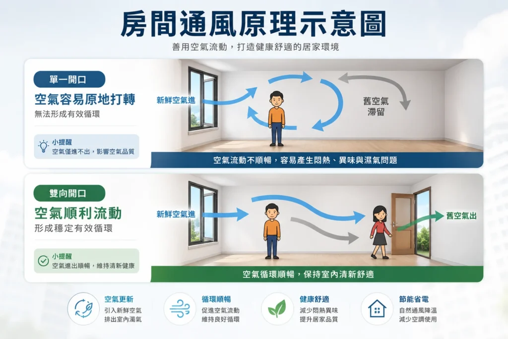 房間通風原理單開口vs雙開口對流示意