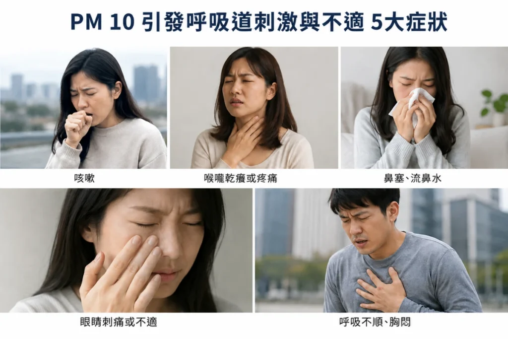 PM 10 症狀包括咳嗽、喉嚨乾癢或疼痛、鼻塞、眼睛刺痛或不適、呼吸不順